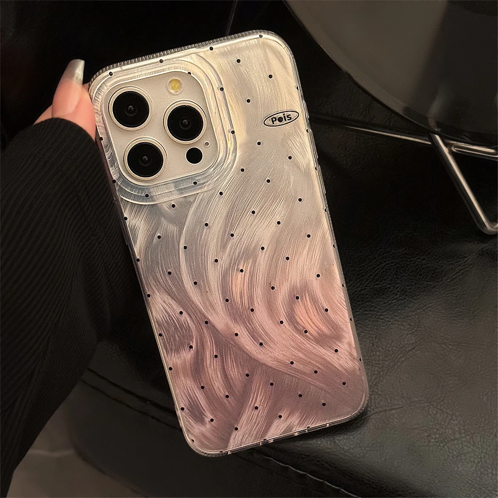 INS Trend Gradient Pink Polka Dots Feather Phone Case For iPhone 15 Pro 13 14 12 Pro Max Lovely Style Shockproof Aesthetic Cover