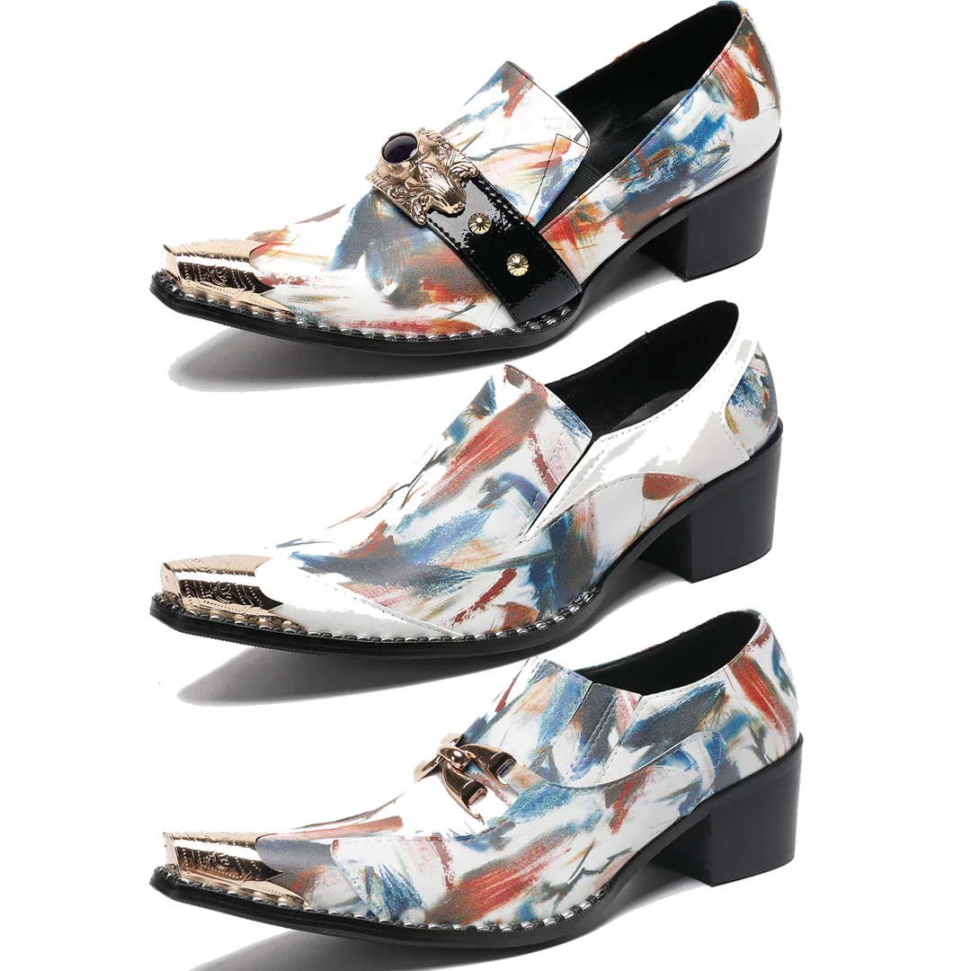 

Summer New Men's Height Increasing Shoes Metal Pointed Office Formal Shoes Colorful Printed Rivets Luxury Stage Party Shoes