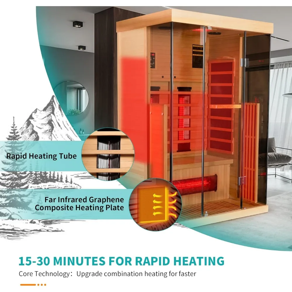 Sauna infrarroja para 2 personas con iluminación de terapia cromática de 7 colores, precalentamiento de 15 minutos, toallero 2 en 1, Sauna infrarroja lejana