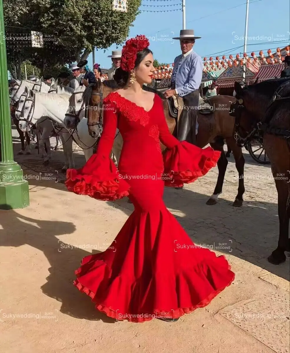 Abiti da ballo flamenco a sirena rossa, maniche lunghe svasate, applique in pizzo, palazzo retrò, ballo, tromba, abito da sera personalizzato