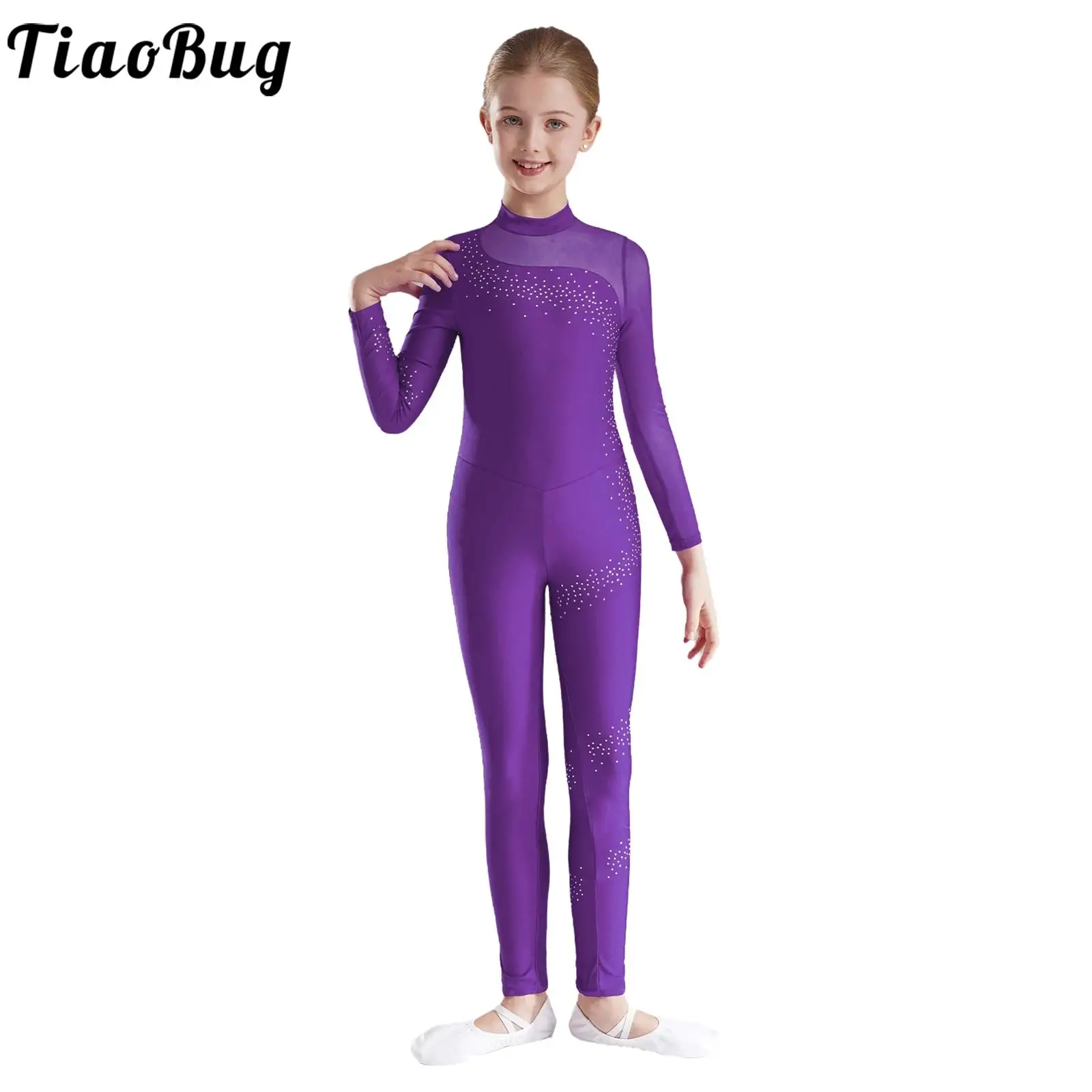 Kids Girls Figure Skating Leotard Gymnastics Jumpsuit Sparkly Rhinestones Mesh Long Sleeve Keyhole Back Bodysuit for Dance Wear