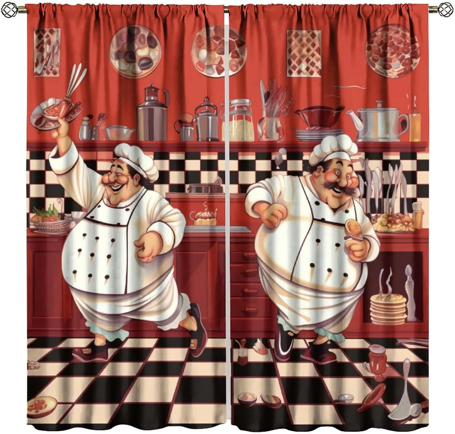 Kitchen Chef with Gourmet Curtains, Abstract Funny Cook Theme Blackout Window Drapes for Bedroom and Living Room Decor
