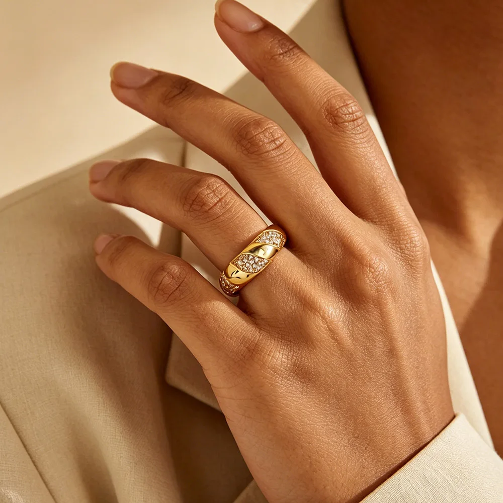 Zirkon-Streifenringe für Frauen, goldfarben, Edelstahl, geometrischer Streifen, verstellbarer Ring, ästhetischer Hochzeits- und Weihnachtsschmuck