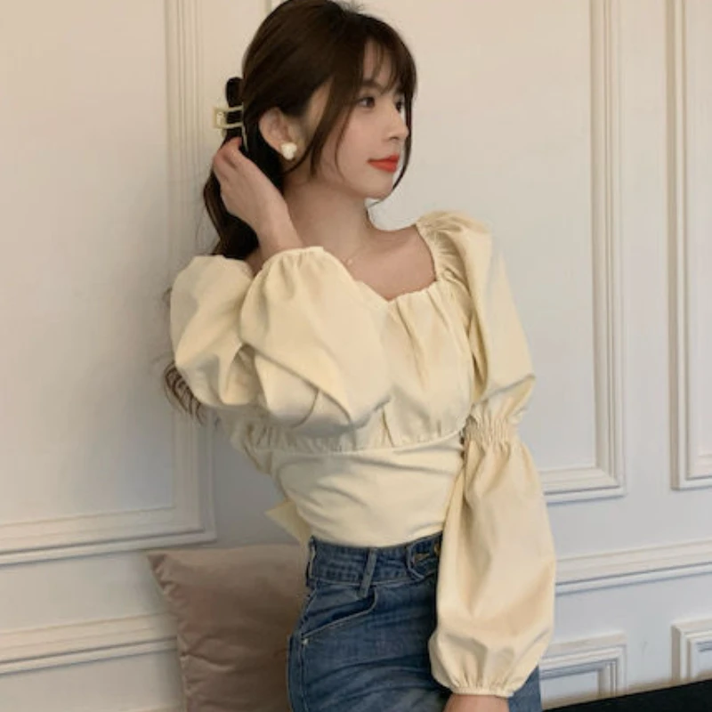 Puff Sleeve Blouses Women Solid Bandage Ulzzang Square Collar Crop Tops Simple Cozy Spring Sweet Casual All-match Students Chic