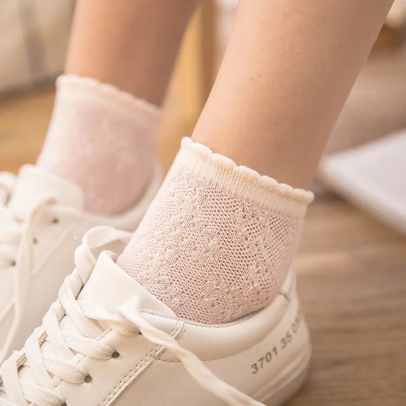 Solid Color White Black Beige Short Socks for Women Girls Lolita Kawaii Cute Ankle Socks Harajuku Summer Mesh Thin Frilly Socks