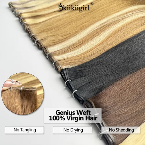 Imagen 2 del producto Pelo virginal liso europeo gênio trama cabello humano trama Invisible doble dibujado Color Natural cabello humano 60G cabello de mujer