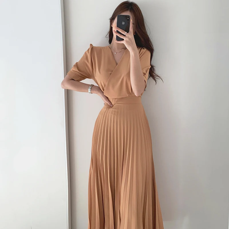 

Solid Color Sexy Women Basic Streetwear Party Causal V Neck Elegant A Line Girl Vestidos All Match Ins Office Lady Folds Dresses