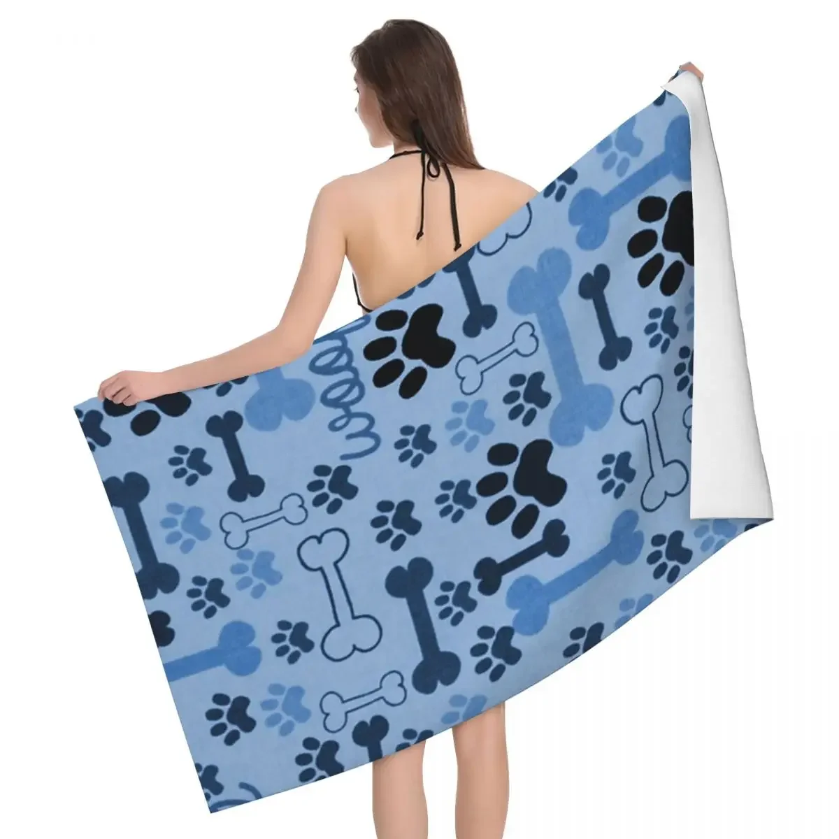 

Custom Blue Dog Bones And Paw Prints Beach Towel Quick Dry Animal Cartoon Footprint Super Soft Microfiber Pool Sauna Towels