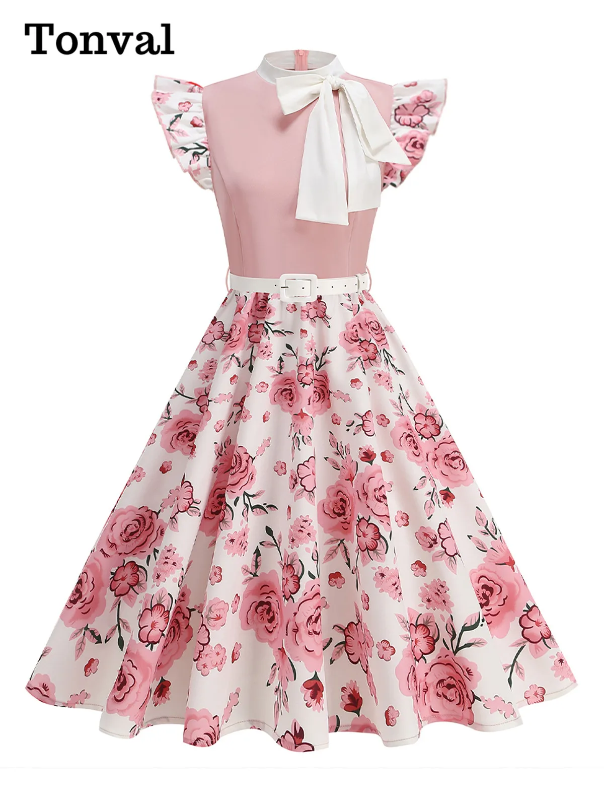 Tonval Bow Details Mock Neck 50s Retro Clothes Summer Women 2025 Flying Sleeve Floral Vintage Patchwork Elegant A-Line Dresses