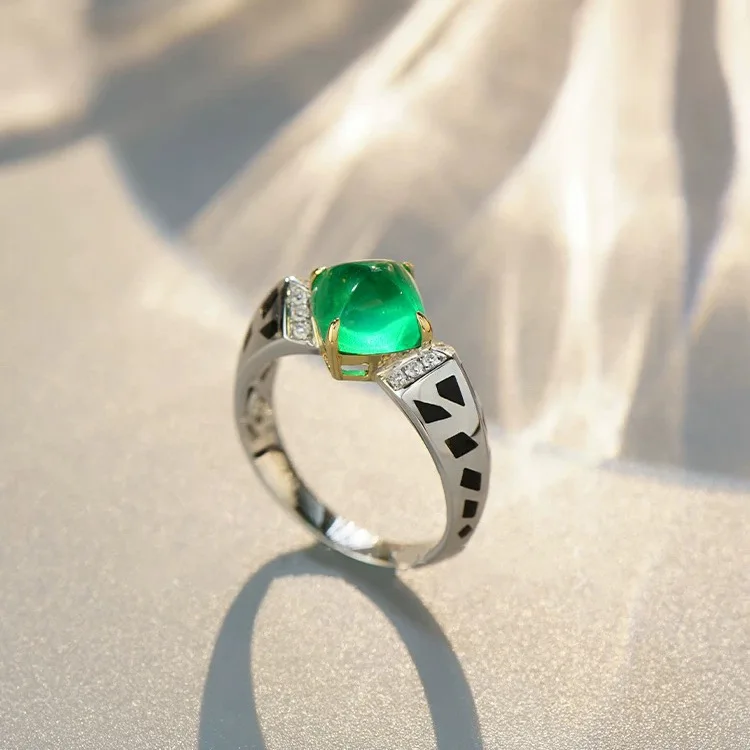 S925 sterling silver ring jewelry high sense leopard print sugar tower retro square green diamond women's ring
