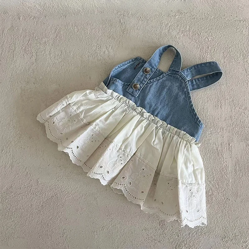 MILANCEL New Summer Baby Dress Toddler Denim+White Lace Stitching Cute Bear Dress Infant Outwear