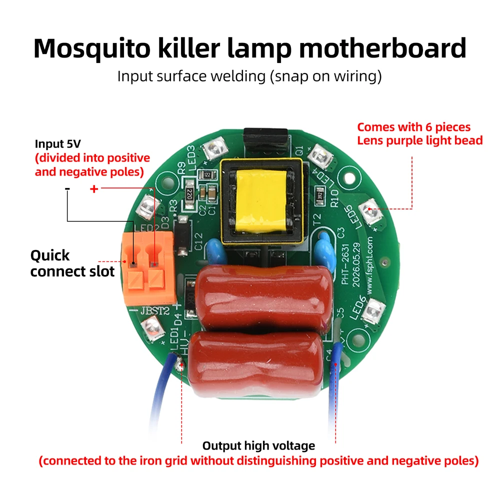 Mosquito Killer Lamp Main Board with Dual 4000V Capacitors Purple LED Diode Reverse-Polarity Protection High-Power Circuit Board