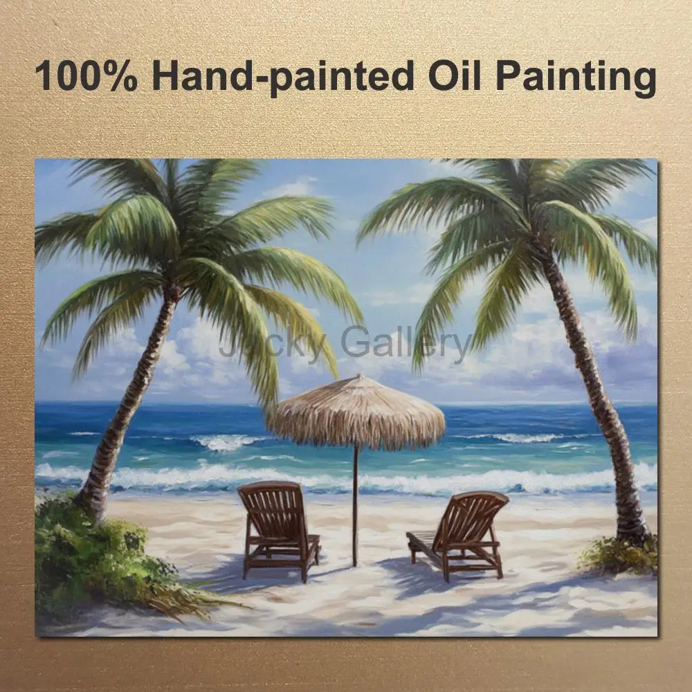 Seascape Painting Beach Plam Trees Hand Painted Modern Impressionist Canvas Art for Large Family  Room Wall Decor