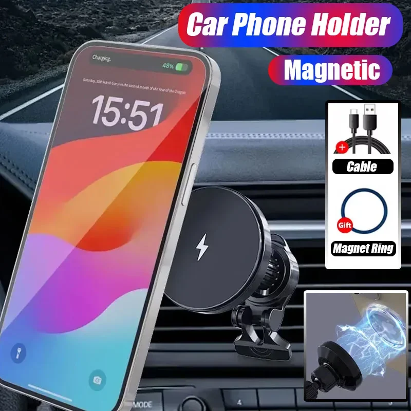 

Магнитное беспроводное зарядное устройство для автомобиля 360 ° Универсальный поворотный держатель для телефона на воздуховод с быстрой зарядкой для iPhone 16/15