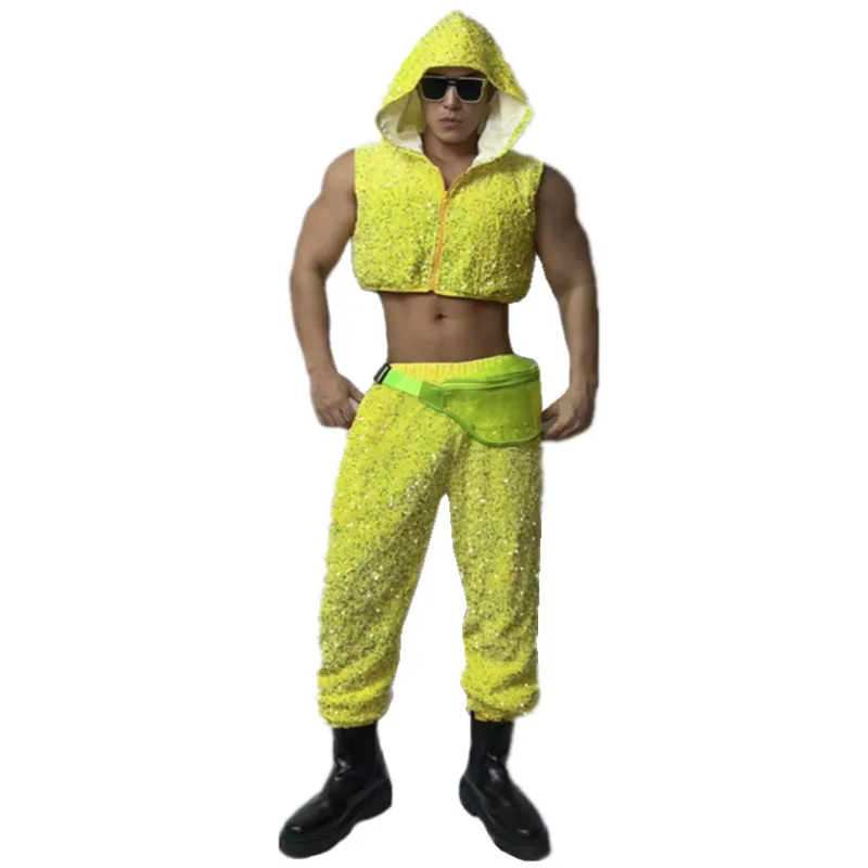 Conjunto de 2 piezas de chaleco con capucha y lentejuelas amarillas fluorescentes, conjunto de 2 piezas para club nocturno, Bar, hombre y mujer, Gogo, cantante, bailarina, ropa Sexy para escenario, traje Rave