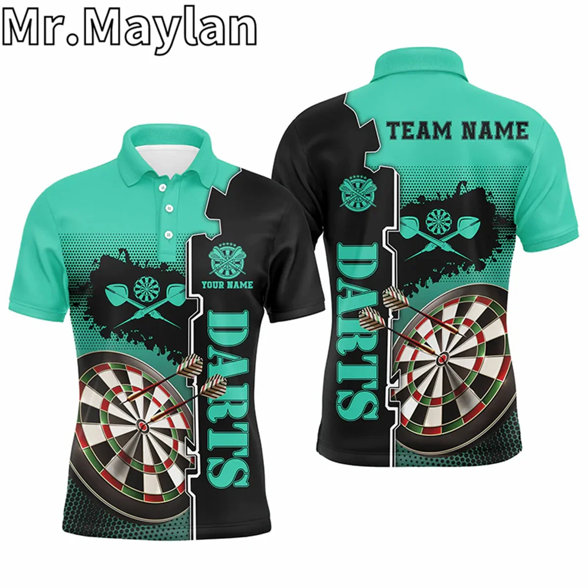 3D Personalized Turquoise Black Mens Darts Sports Polo Shirts Custom Darts Shirt For Men Dart Team Jerseys Gift For Darts Lovers