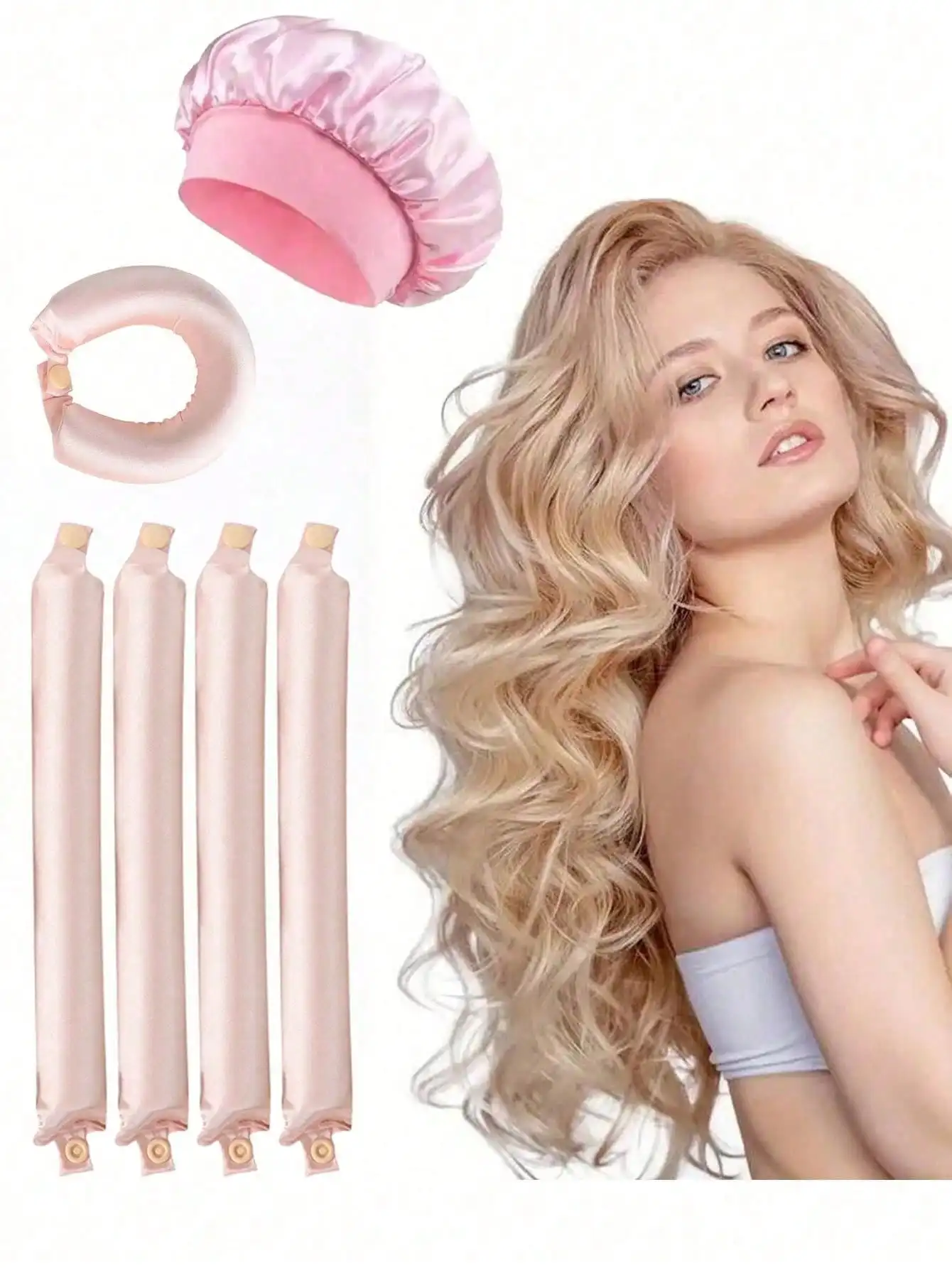 

4pcs Soft Pink No-Heat Curling Rods, Slouchy Hair Curler, Silk Hair Rollers, Elastic Headband, Long Hair Soft Curling Tools, Man