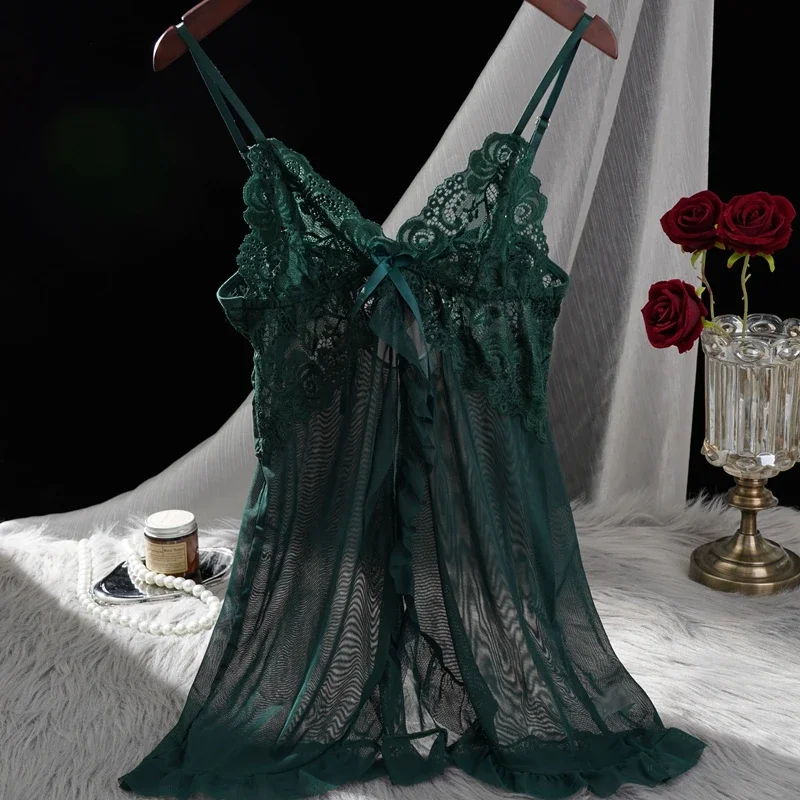 

Женская кружевная ночная рубашка, комплект прозрачной сексуальной пижамы с v-образным вырезом и разрезом спереди, домашняя одежда с трусиками, комплект из 2 предметов для женщин