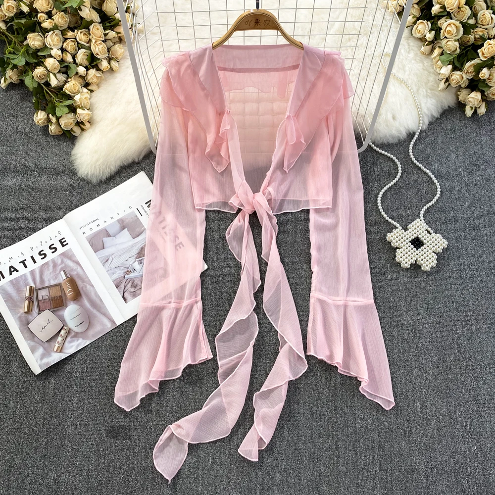 

Elegant Flare Sleeve Sun-Protective Clothing Chiffon Cardigans Ruffles Lace-Up Short Women Tops Casual Simple Female Outerwear