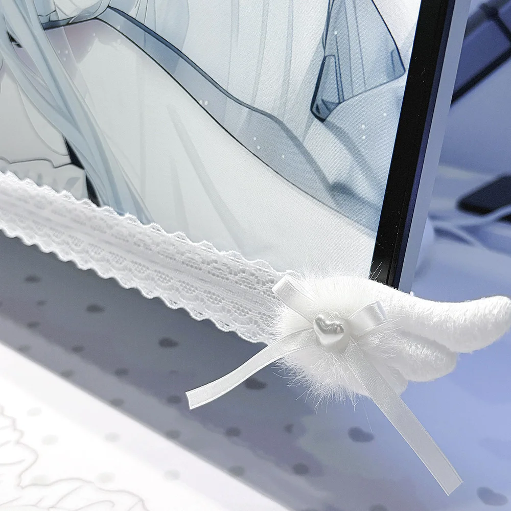 Screen Decor White Lace Monitor Trim with Plush Angel Wings Sweet Aesthetic Computer Decor for Home Office Gaming Desk Setup