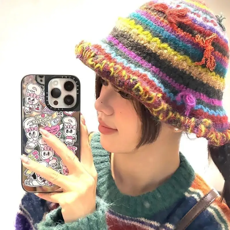 P88A لطيف القوس دلو قبعة Handcrochet محبوك قوس قزح مخطط بيني قبعة الصيد