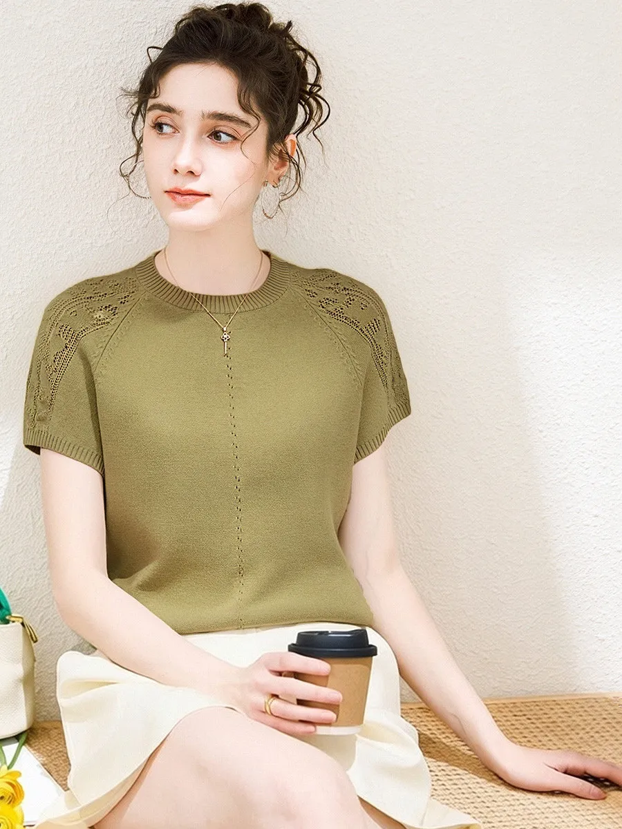 Suéter de Mujer de Manga Corta con Cuello Redondo, Tejido en Lana 100% Pura, Suave, Versátil para Primavera/Verano, Color Conejo Rey KANIN KONGE