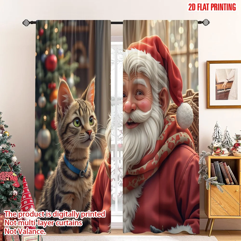 

2pcs 2D flat printing Christmas Curtain Santa Cat Festive Christmas 100% Polyester Without Electricity Birthday Party Use for
