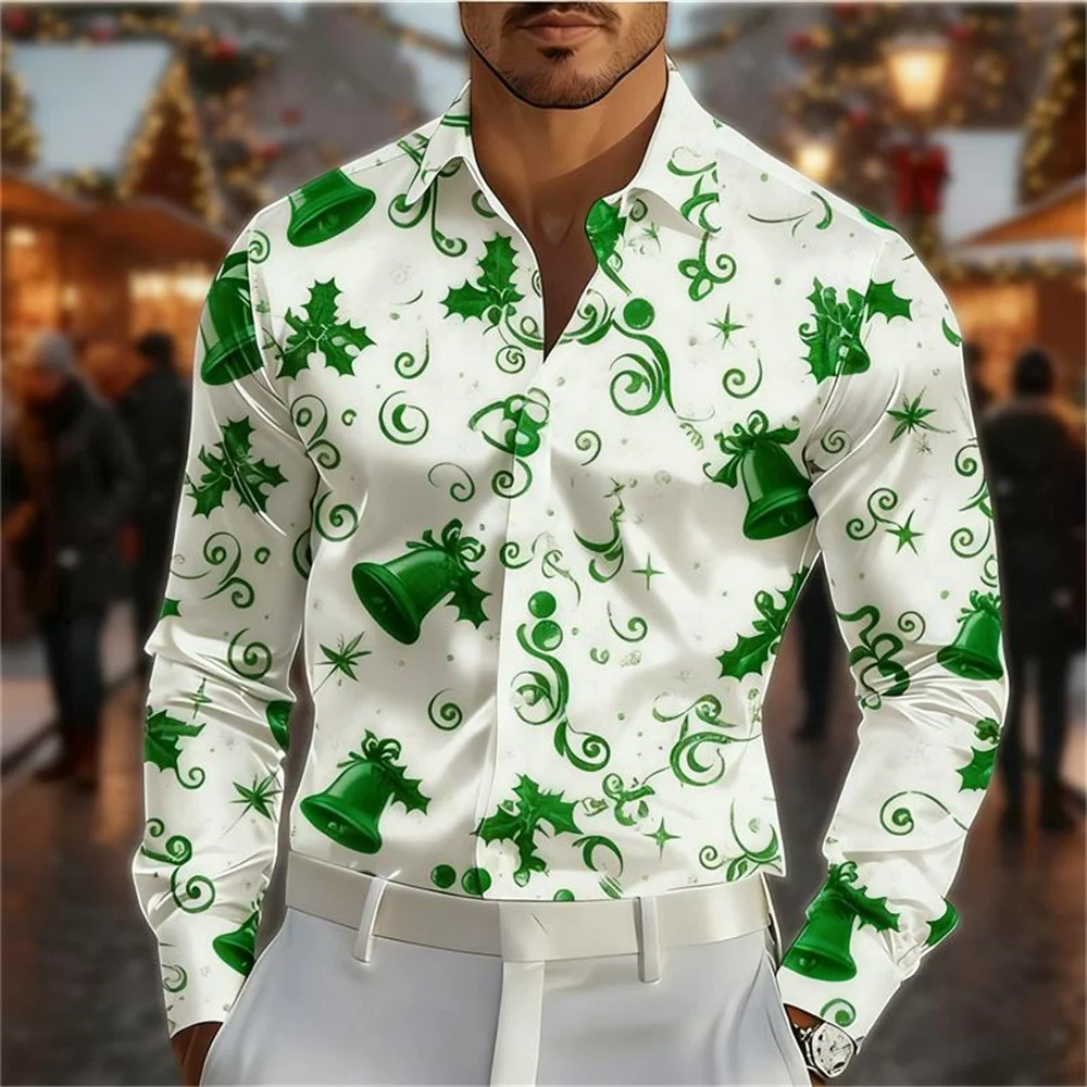 Christmas Men's Long-Sleeve Shirt with 3D Printed Reindeer and Snowflake Pattern Holiday Party Casual Fashion Men's Shirt top