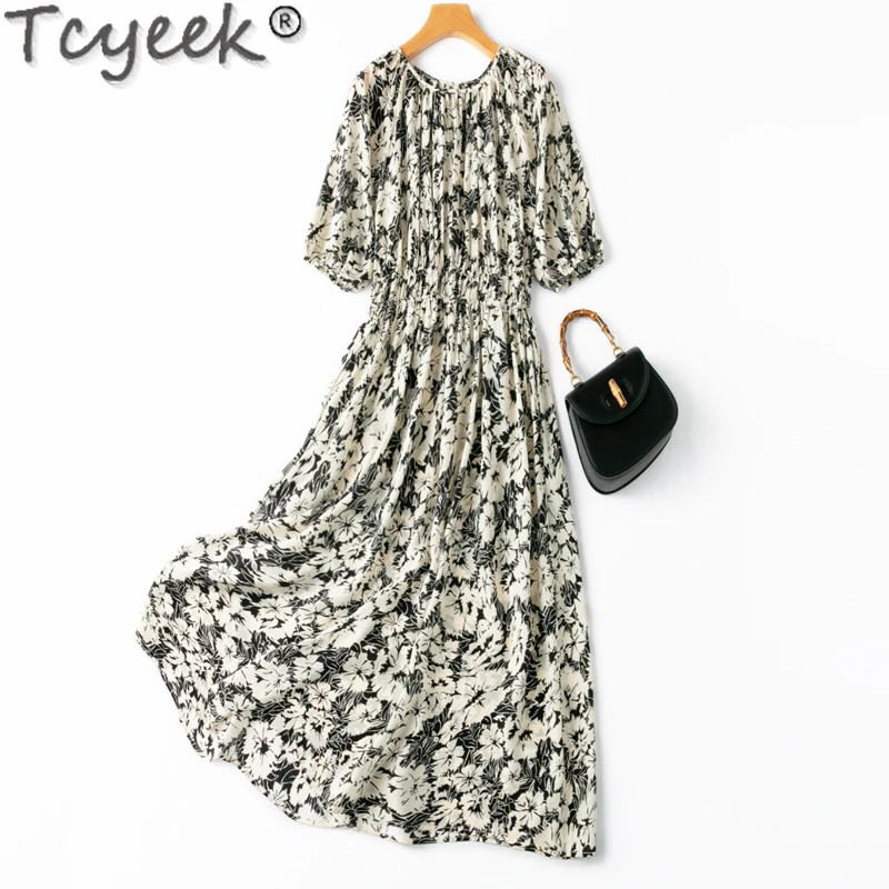 

Tcyeek 100% Mulberry Real Silk Long Dresses for Women Elegant Women's Dress Spring Summer Clothes 2024 Fashion Floral Dress