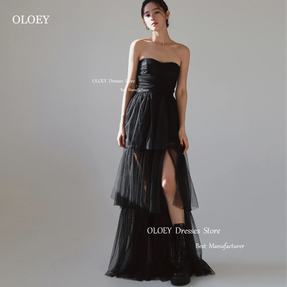 

OLOEY Simple Strapless Black Evening Dresses Korea Tiered Tulle Sweetheart Wedding Party Dress Photoshoot Floor Length Prom Gown