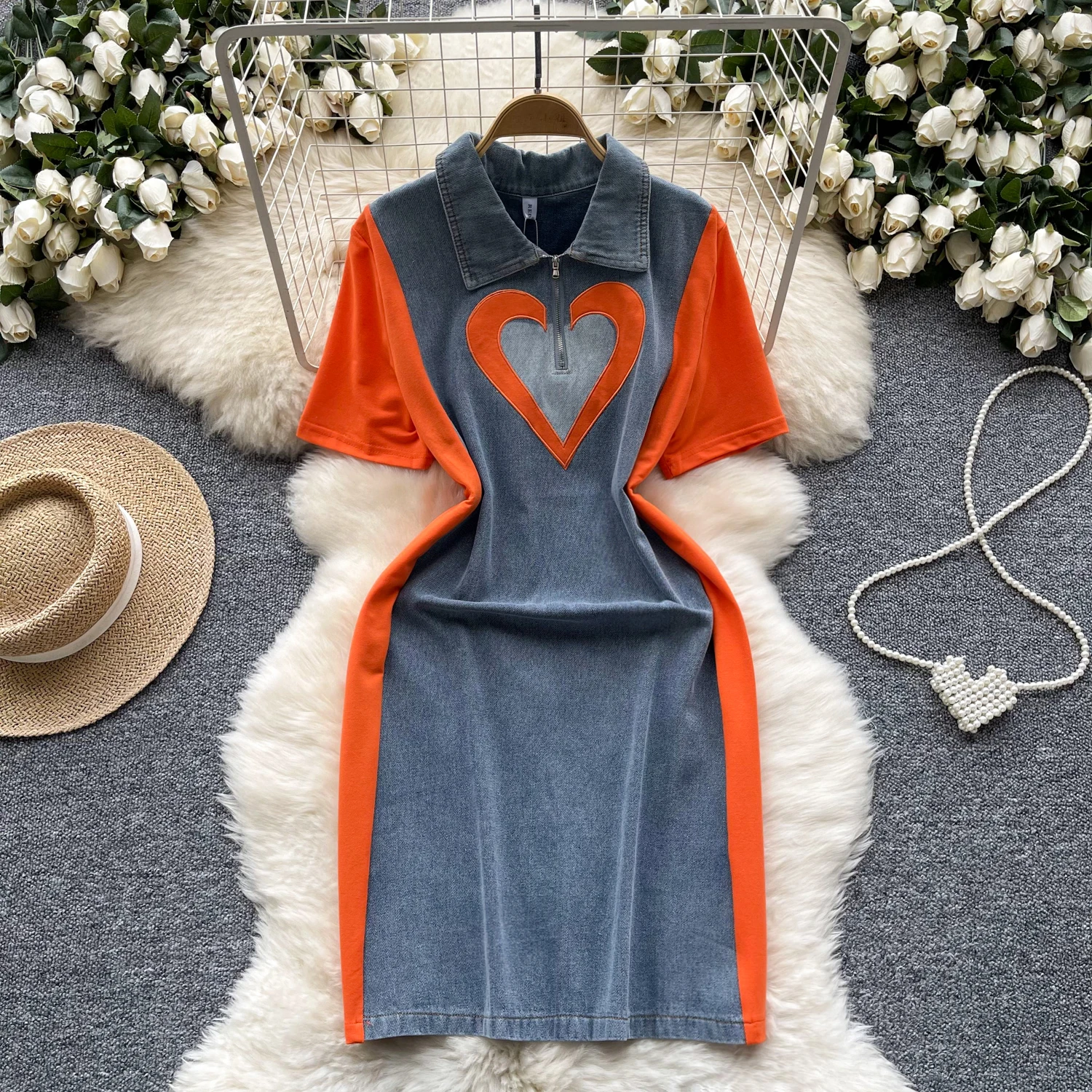 Sexy Polo neck short Sleeve cowboy PATCHWORK loose Chic Dress Birthday Party Fashion Women Clothing dresses