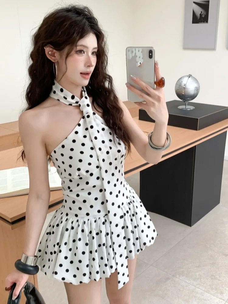 

Summer New Polka Dot Neck Hanging Multi-Way Wearable Design Slimming Waist Skirt Women's Dress Korean Style Commute Short Sleeve
