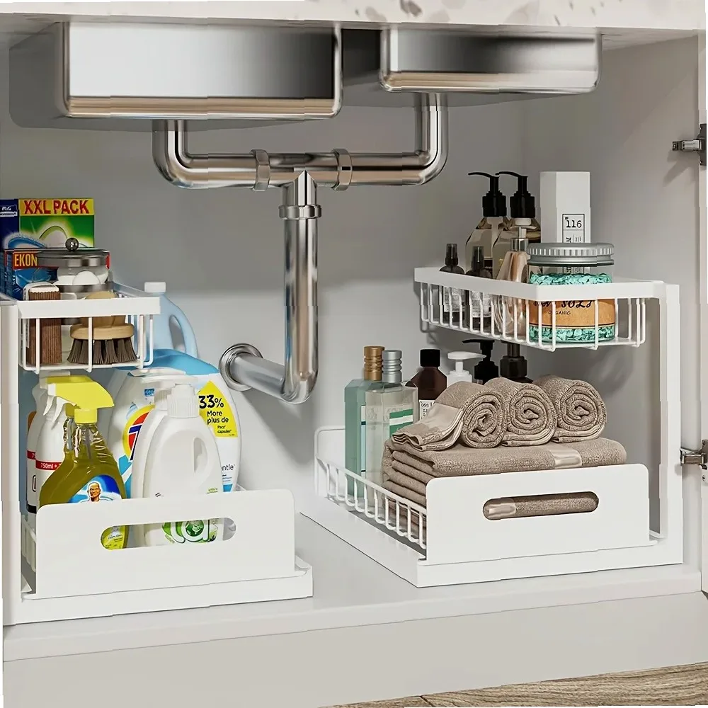 

2-Tier Sliding Under Sink Organizer, Rustproof Metal Storage Rack for Kitchen & Bathroom Cabinet