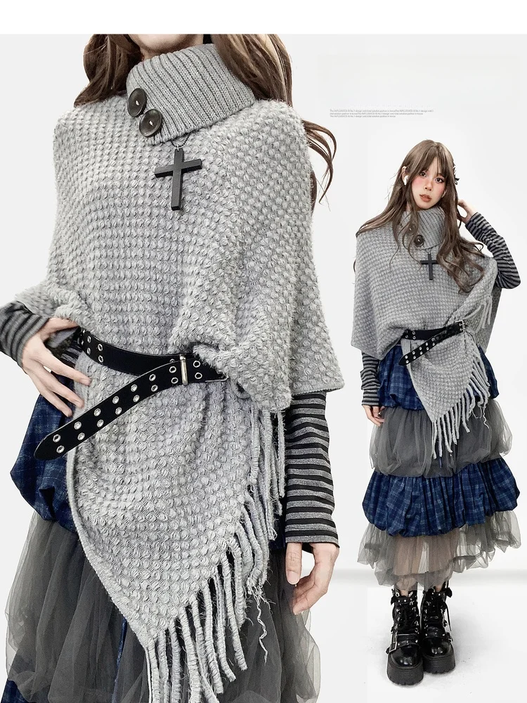 

Y2K High Ne ey Knitted Sweater awl Asymmetrical Fringe Loose Lazy Sle Layering Aby Sweater Commute Sle Autumn Winte...