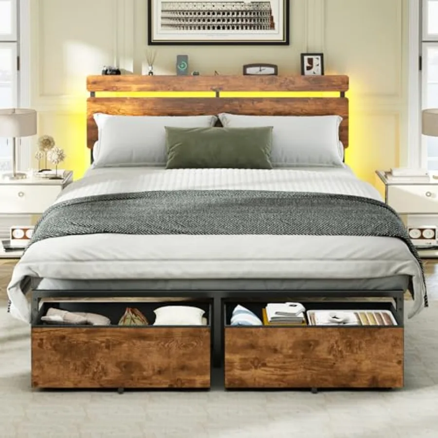 

Size Bed Frame with Wood Headboard, Metal Platform Bed with 2 Storage Drawers and Shelf, Built in Charging Station and LED Ligh