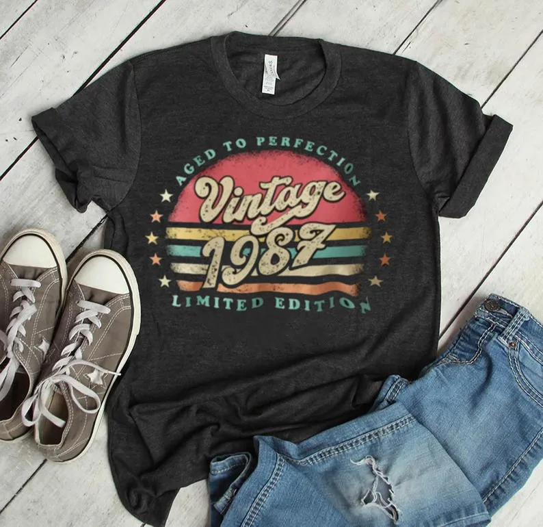 Retro Sunset 35th Birthday Shirt For Her Women born in 1987  Aged To Perfection Limited Edition T-shirt Gift idea 100%Cotton y2k