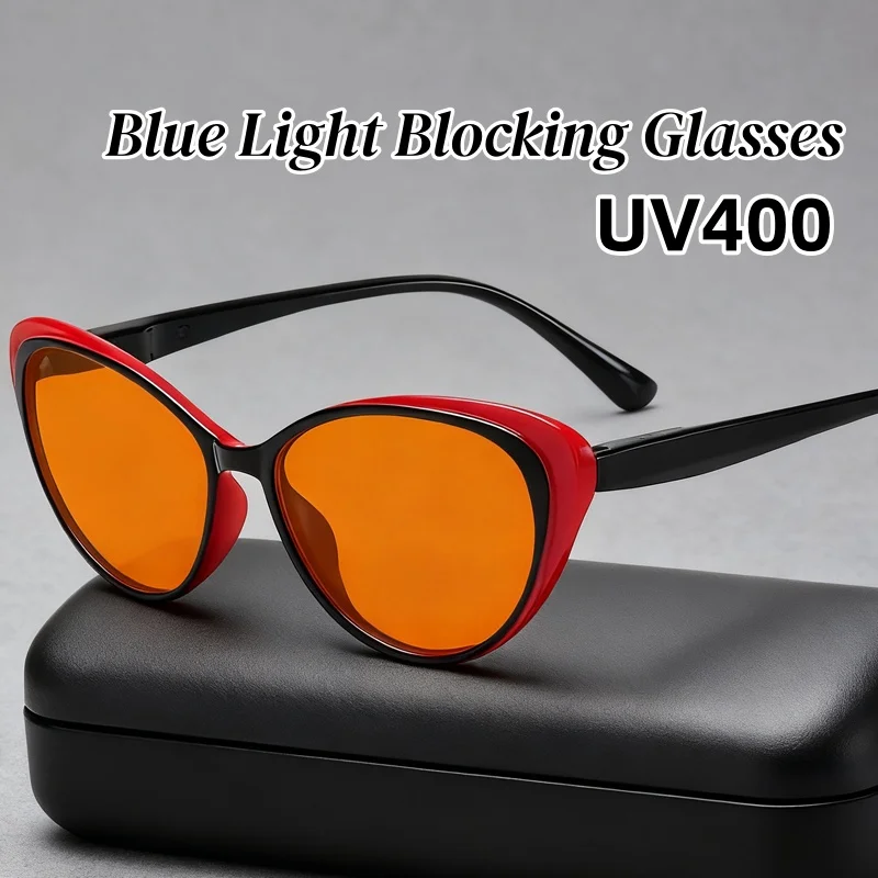 

Men Women Fashion Orange Red Lens Glasses Unisex Vintage Cat Eye Blue Light Blocking Glasses Trendy UV400 Night Vision Eyewear