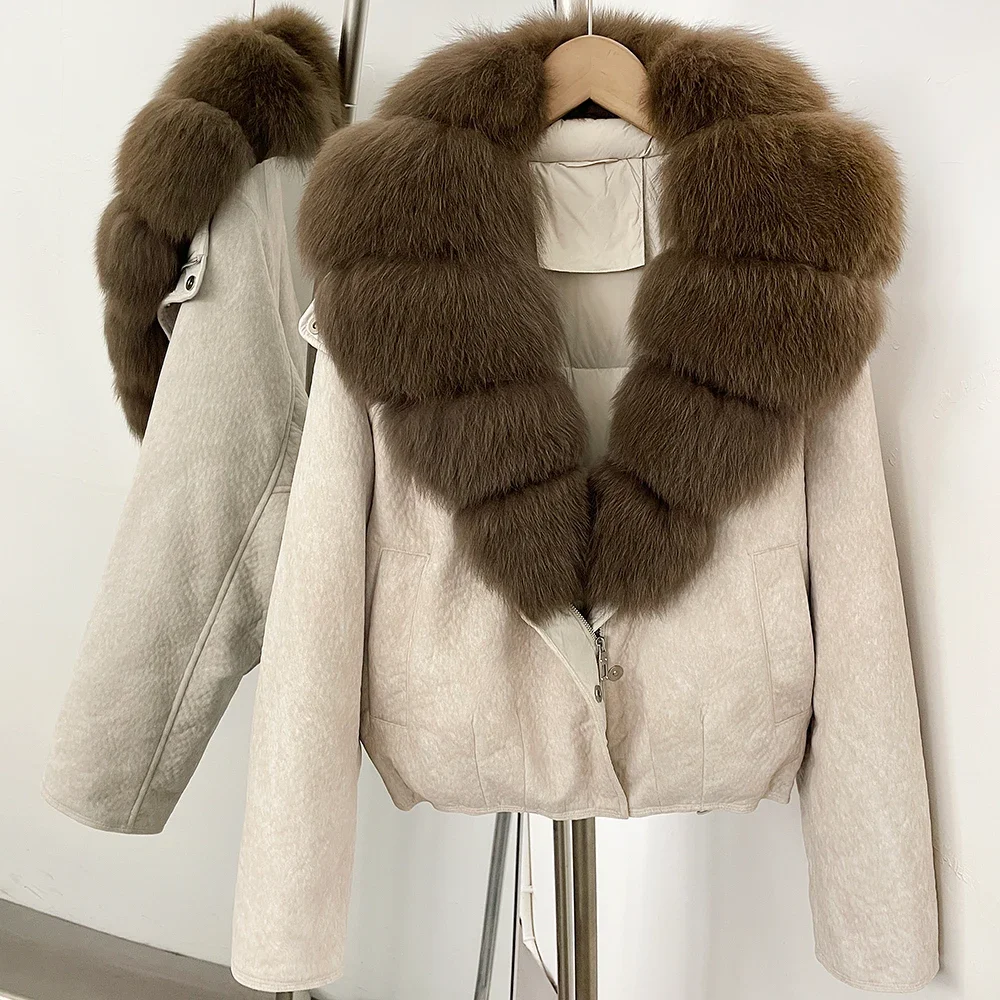 OFTBUY Großer Natürlicher Pelzkragen Dicke Vintage-Jacke Damen Entendaunen-Parka mit Pelz für Frauen Kurze Lose Daunenjacke – Detail 28