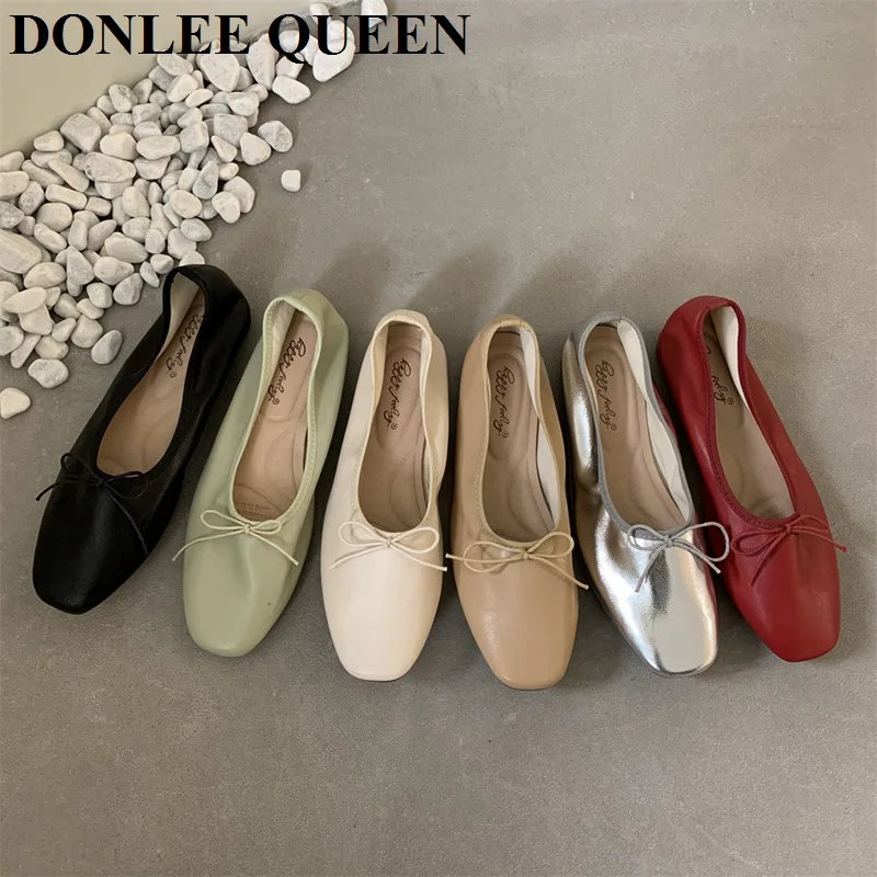 2024 New Spring Fashion Flat Ballet Shoes Fashion Bow Knot Shallow Ballet Round Toe Female Ballerina Soft Moccasin Zapatos Mujer