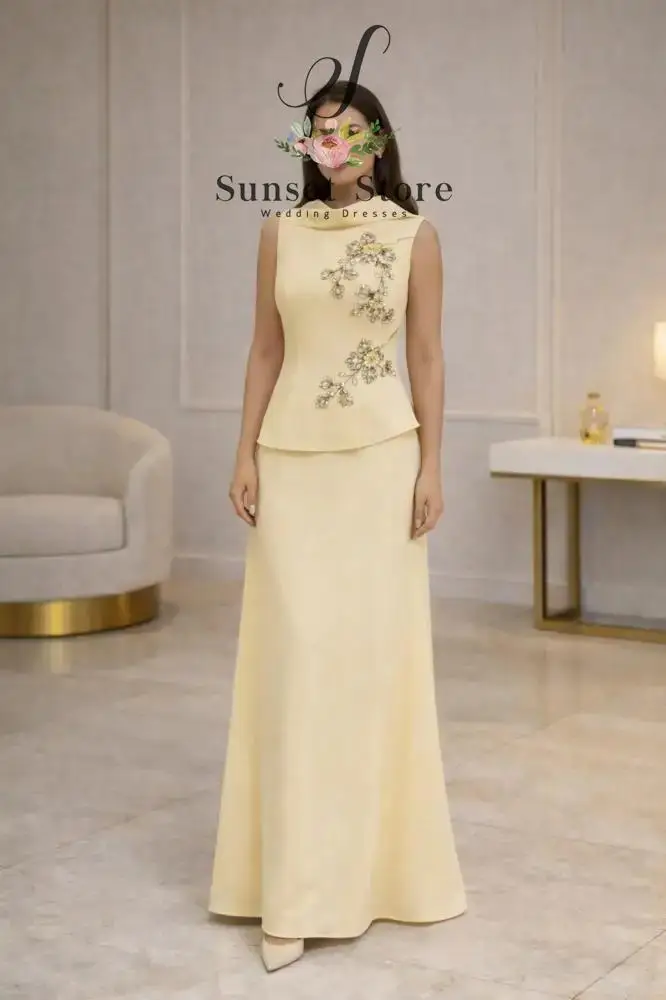 Customized  Appliques Evening Dress with Scarf Square Neck Peplum Gown Yellow Wedding Guest Formal Maxi Dress with Split