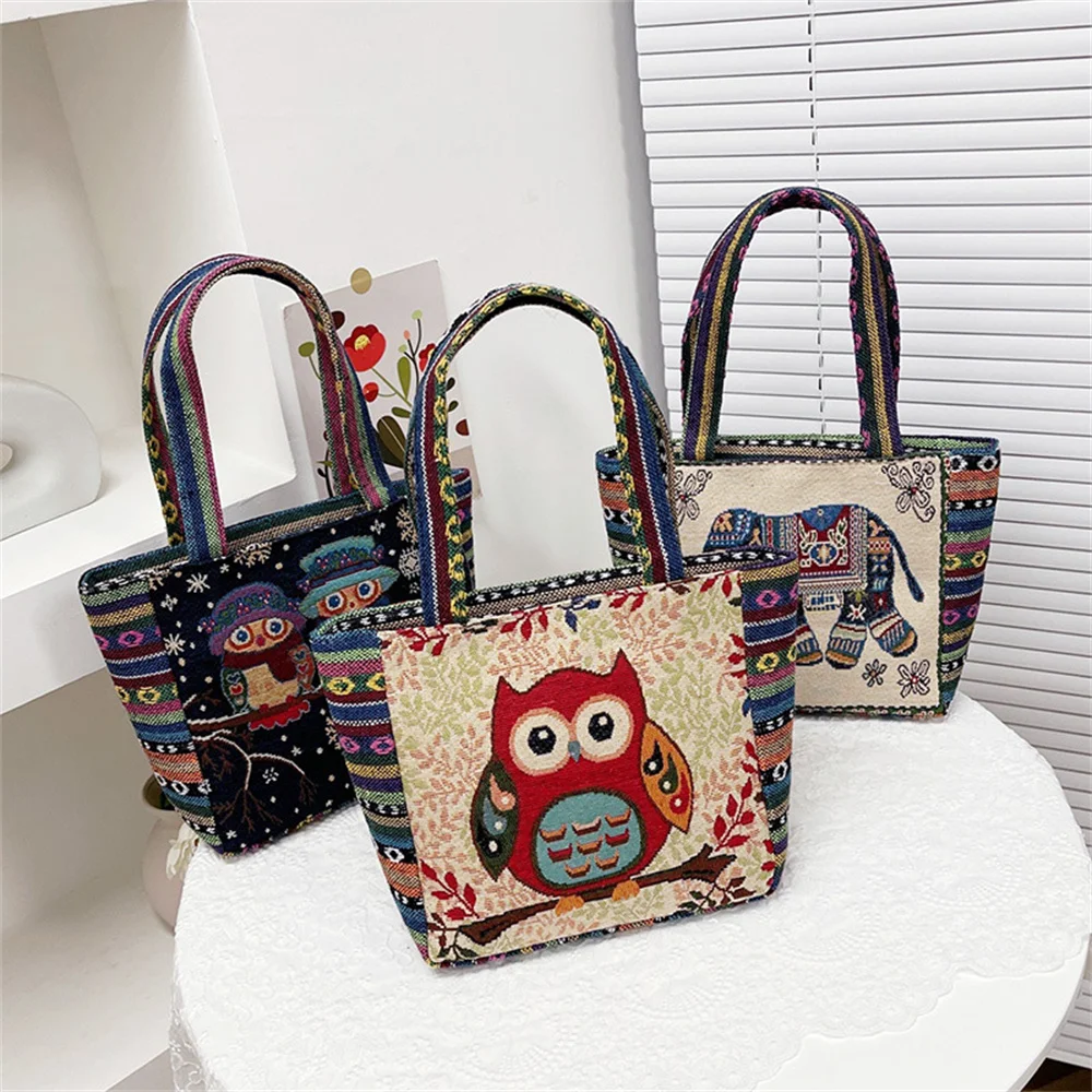 Women Large Capacity Handle Zipper Canvas Tote Shoulder Bag New Fashion Girl Ethnic Style Retro Animal Print Cloth Handbags