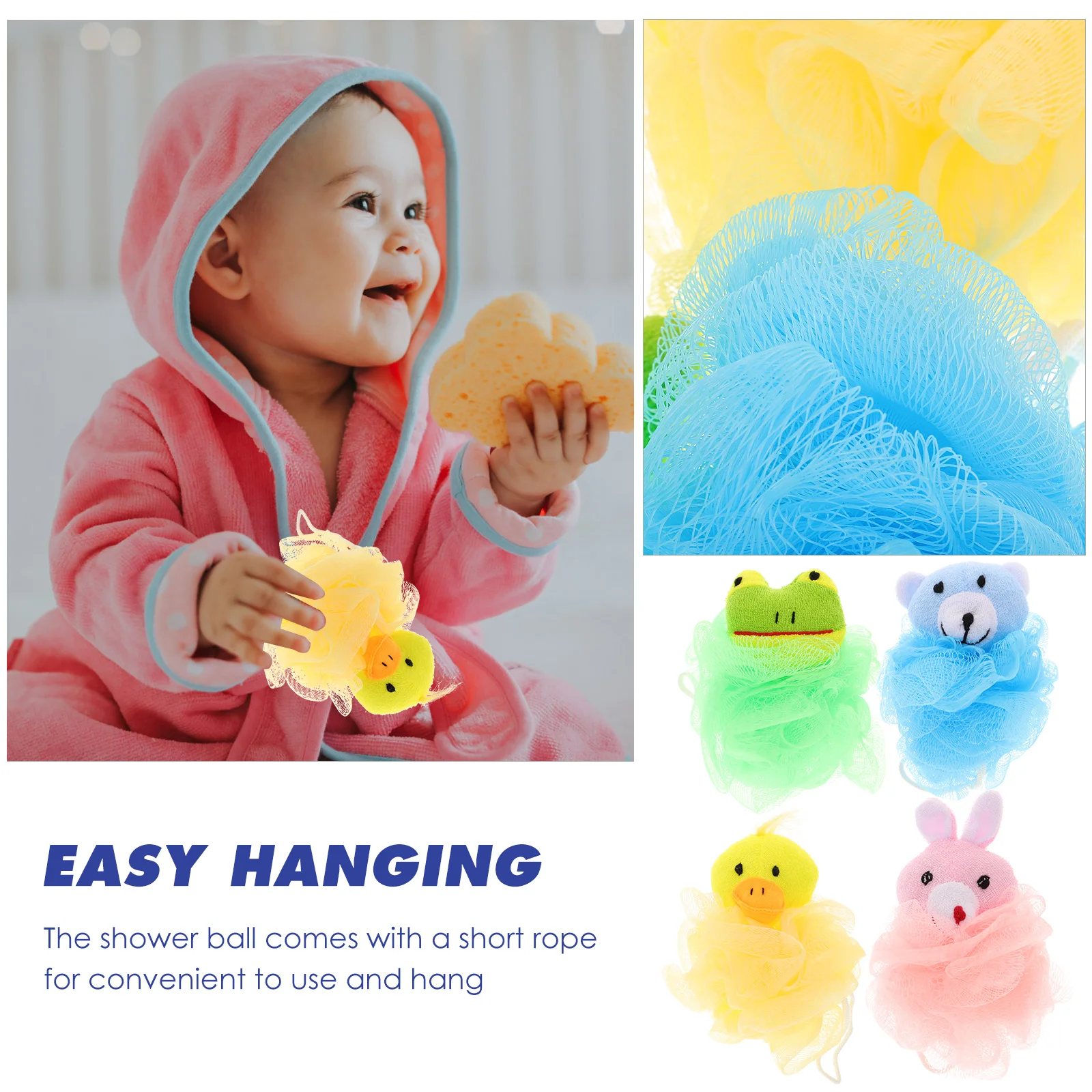 

4 Pcs Cartoon Animal Bath Ball Sponge Shower Flowers Exfoliating Hair Ring Soft PE Fiber Durable Body Wash Soap Foam