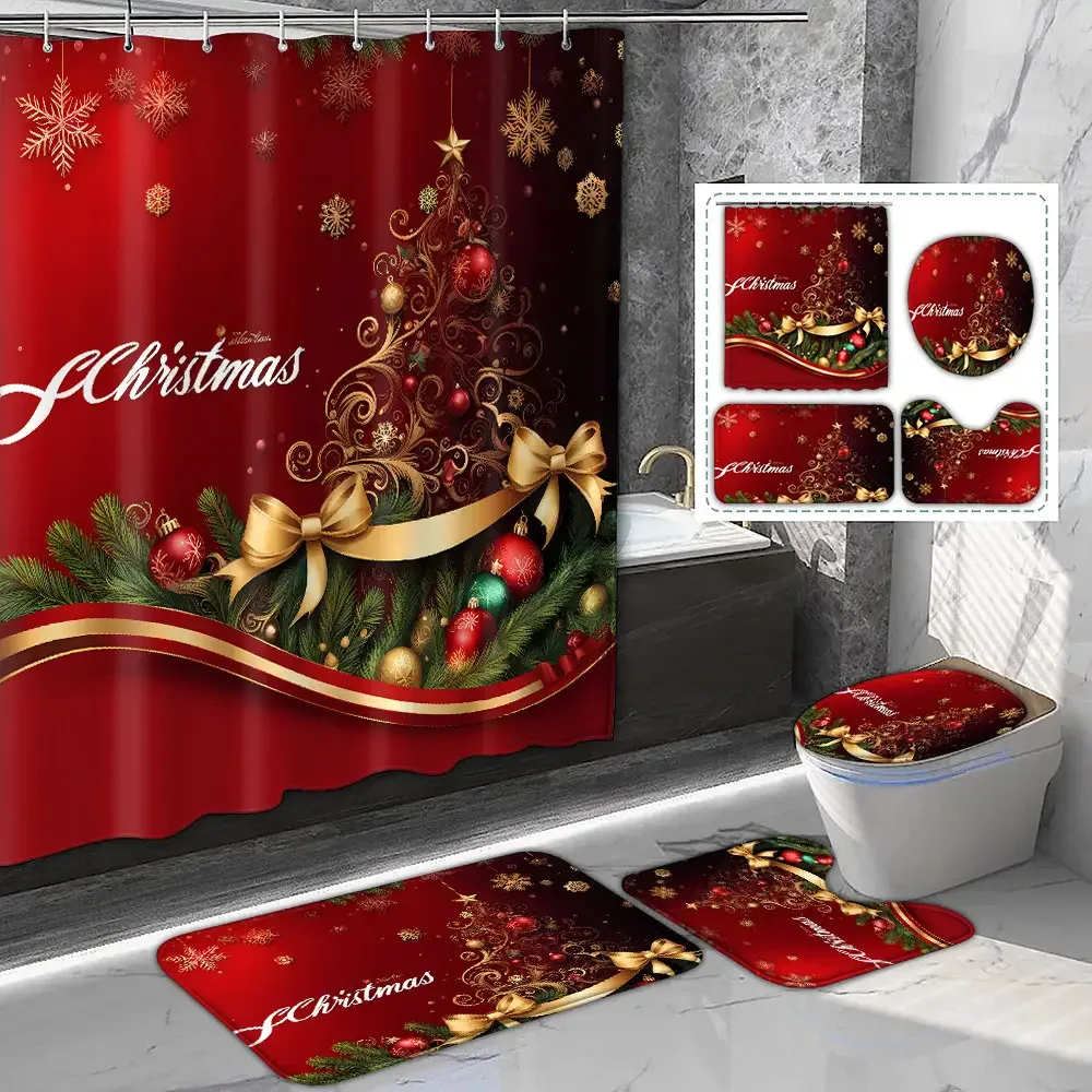 

4 шт., рождественский комплект занавесок для душа с бантом и принтом сосновой ветки, противоскользящие коврики и чехлы для унитаза, новогодний декор