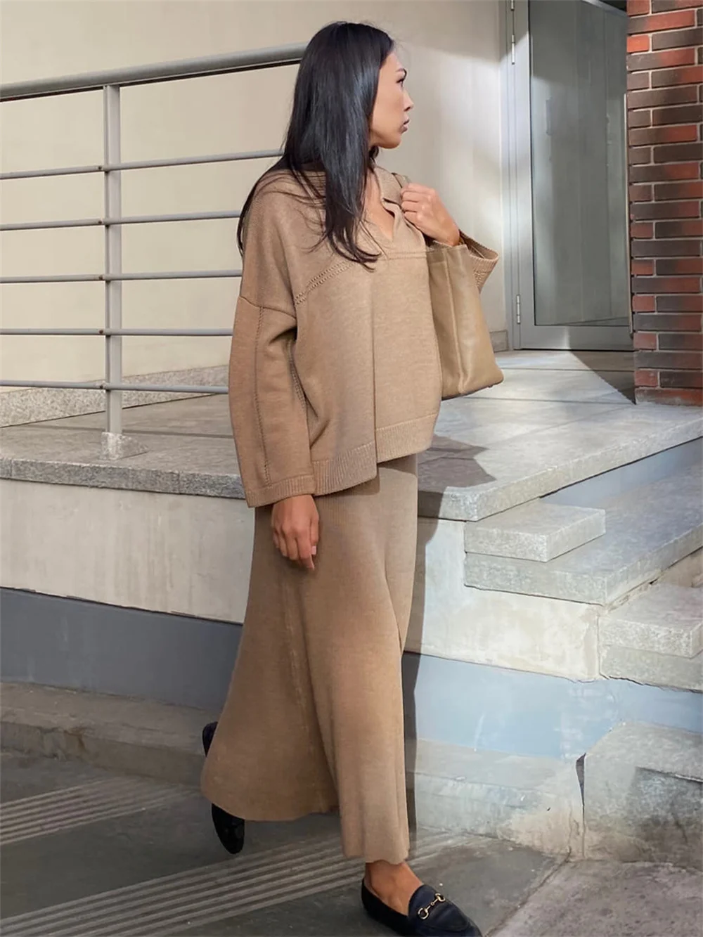 Elegant Solid Knitted Sweater and Long Skirt Set for Women Autumn Winter V-neck Long Sleeve Loose Pullover Skirt Lady Suit