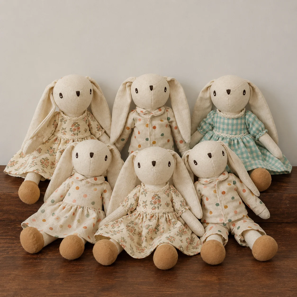 1PC Linen Long Ear Bunny Plush Doll Set, Polka Dot Outfit Rabbit Stuffed Animal, Handmade Soft Rabbit Toy for Newborn Shower