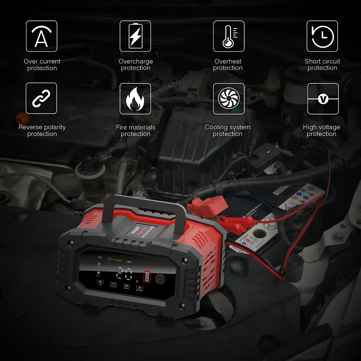Tragbares 10A/20A-Ladegerät für Start-Stop-Batterien, Autoreparatur und Schnellladung für 12 V/24 V AGM LiFePO4-Auto, LKW, Motorrad – Detail 26