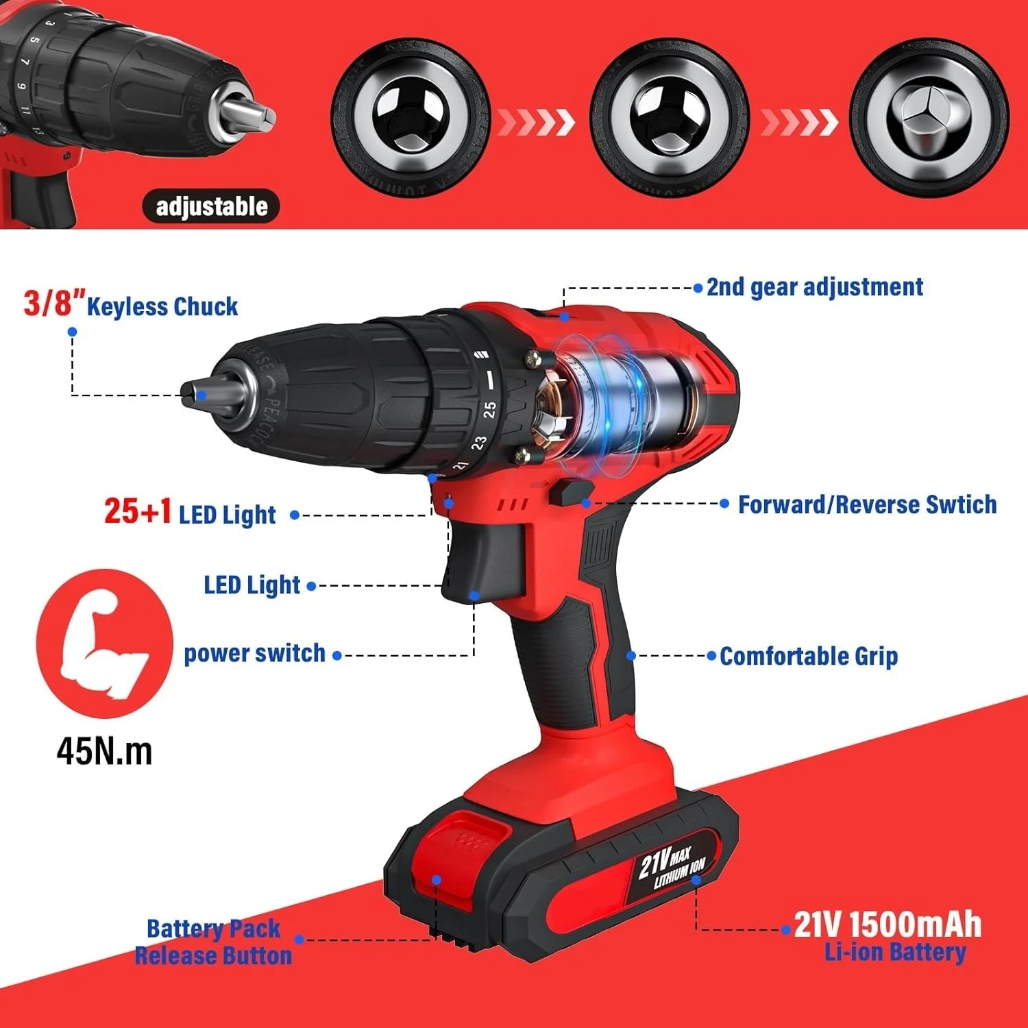 BRIEFNESS Cordless Drill Kit with 1.5 Ah Li-Ion Battery and Charger Red Cordless Electric Drill Repair Tool