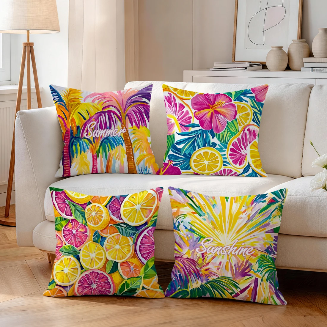 Watercolor Lemon And Palm Leaves Cushions Pillowcase Polyester Cushion Cover Throw Pillow Pillowcover Home Car Sofa Decor