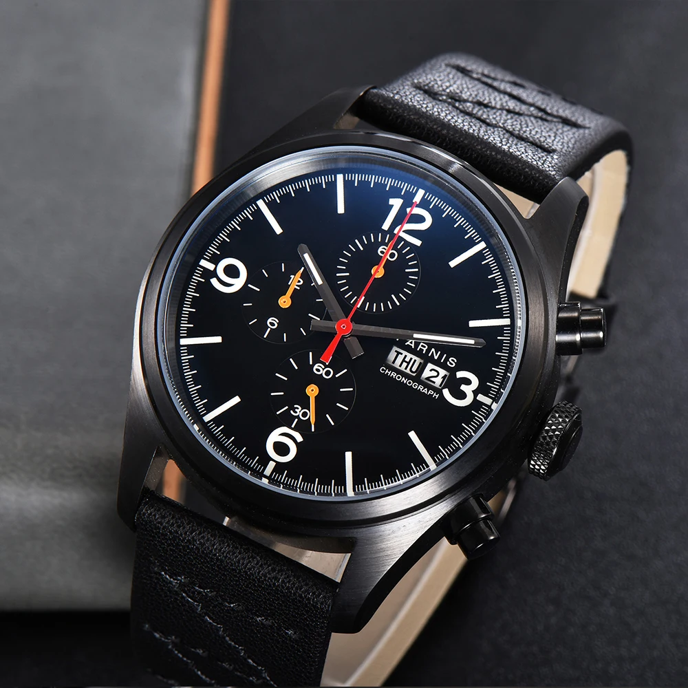 Parnis 42mm caja negra cronógrafo de cuarzo reloj para hombre correa de cuero calendario de visualización semanal relojes de pulsera para hombre regalo de marca de lujo superior