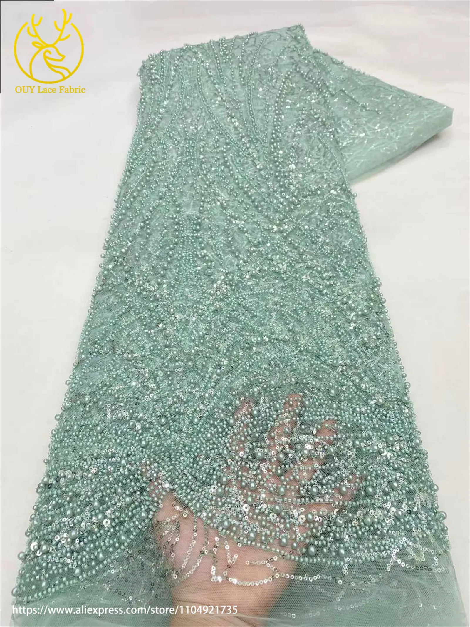 Wunderschöner Modischer Afrikanischer Nigerianischer Perlen-Spitzenstoff 2026 Rosa Französischer Pailletten-Spitzenstoff zum Nähen von Hochzeits- und Partykleidern – Detail 14